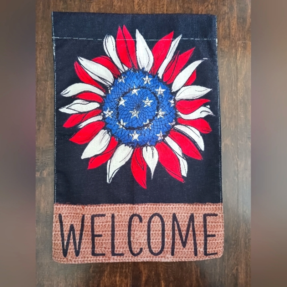 12x18 Burlap Garden Flag, Red White& Blue Sunflower